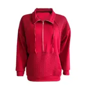 Women's Casual Long Sleeve Lapel Zipper Sweatshirt Drawstring Loose Pullover Tops- Wine Red