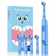 Blue Rechargeable Electric Toothbrush Rotating Round Head Soft Bristles Includes 4 Brush Heads