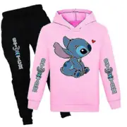 Lilo Stitch Print Kids Tracksuit Set Casual Hooded Sweatshirt Pants Activewear Pink 13-14 Years