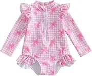 [Kutterild] Infant Baby Girl Bathing Suit Floral Print Zipper Swimwear and Sun Hat Set for Toddler Swimsuit Girl Beachwear, Cute Bow Pink, 6-12 Months