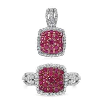 Mozambique Ruby & Zircon Set Size 6 Ring & Pendant Platinum Plated 2.25ctw