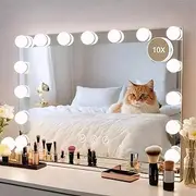 MKupView Wall-Mounted Mirror Vanity Mirror with Lights 22.8" x 18.2" White Makeup Mirror Hollywood Mirror with 15 Dimmable LED Bulbs 3 Color Modes 10X Magnification & USB Charging Port