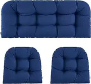 ZEOLABS Wicker Chair Cushions of 3 Pieces Waterproof Tufted Outdoor Seat Cushions for Patio Furniture Sofa Settee Couch,1 Loveseat and 2 U-Shaped Cushions,Navy Blue
