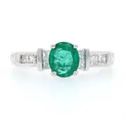 White Gold Emerald & Diamond Engagement Ring - 18k Oval Cut 1.29ctw Size 6 1/2