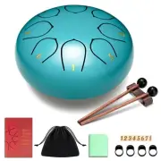 Steel Tongue Drum 6" 8-Note Handpan with Music Book, Mallets, Bag - Blue