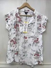 Buffalo David Bitton Floral Print Flutter sleeve Tie Neck Jacquard Top Small NWT