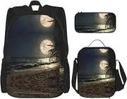 [StOlmx] 3 Pcs Set Backpack,Waterproof Bookbag, Insulated Lunch Bag & Pencil Case Pouch, Travel,Hiking,Tropical Leaves Print, Tropical Beach Palm Tree Night, One Size