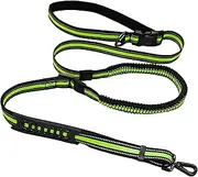 Bungee Hands Free Dog Leash - Adjustable Waist Belt (20.5-41 Inch) for Running & Walking, Shock Absorbing Lead with Reflective Strips & Poop Bag Clip (Green)
