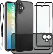 2X Screen Protector + Case for Samsung Galaxy A06 Protection Matte Acrylic Protect Camera Phone Lanyard Tempered Glass Film, Cover Black