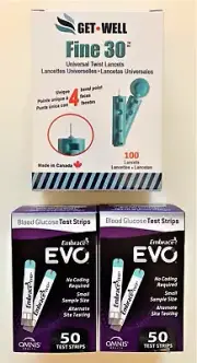 Embrace EVO Glucose Test Strips 100 Ct. EXP: 5/2026 & 100 GET•WELL 30G LancetS