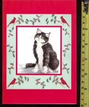 Black & White cat and red cardinal Christmas card #32 - 1 card + 1 blank envelop