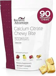 Bariatric Advantage - Calcium Citrate Chewy Bites 500mg Assorted Fruit Flavor for Bariatric Surgery Patients Including Gastric Bypass and Sleeve Gastrectomy, Sugar Free, 90ct