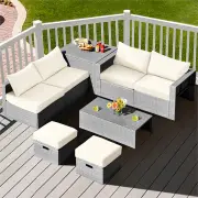 Costway 8-Piece Outdoor Grey PE Rattan Conversation Set with Washable Cushion Covers-White