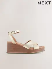 Metallic Forever Comfort® Leather Square Toe Cross-Over Detail Wedges (AV7757) | $103