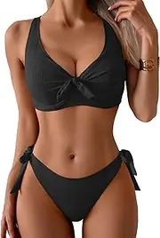 [Eomenie] Bikini Set for Women Two Piece Swimsuits Knot Tie V Neck Cross Back Top Mid Rise Lace up Bathing Suit Swimwear, Black, Medium