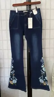 Bamboo NWT Original Denim Embroidered Florals Dark Wash Jeans Jr Wom 9