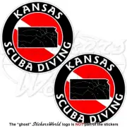 KANSAS SCUBA DIVING Flag-Map Shape USA Circular Vinyl Stickers, Decals 75mm x2