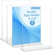 4 Pack 4 X 6 Acrylic Double Side Sign Holder ,T Shape Plastic Menu Display Stan