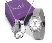 Tabby Boxed Lux White Gold Watch & Feline Necklace Set