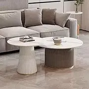 MMarble Pattern Round Nesting Coffee Table Set of 2 Stylish Accent Tables for Living Room Bedroom Balcony Yard White and Coffee Color Scheme