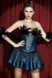 Sexy Peacock Blue Feather Mini Tutu Skirt Corset Set Gold Burlesque Costume