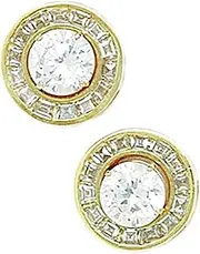 [JewelryWeb] 14k Yellow Gold CZ Big Princess Baguette Cut Round Fancy Post Earrings 11x11mm Stud Earring for Women