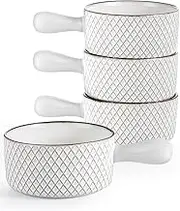 Anmula French Onion Soup Bowls – 20 Oz Ceramic Soup Bowls with Handles – Embossed French Onion Soup Crocks for Chili, Beef Stew, Cheese – Oven Safe 5 Inch, Set of 4, White