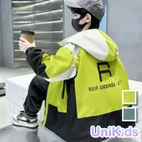 在飛比找momo購物網優惠-【UniKids】中大童裝長袖外套 韓系撞色衝鋒衣連帽夾克風