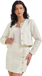 [Allegra K] Women's 2 Piece Skirt Set Plaid Tweed Blazer Button Down Long Sleeve Jacket Mini Skirt Sets