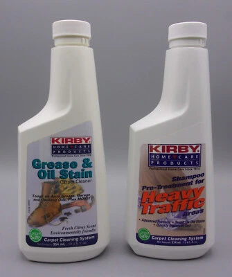 2 VTG Kirby Carpet Rug Shampoo - HEAVY TRAFFIC & GREASE OIL STAIN -12 oz Bottles