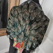 Peacock Velvet Burnout Triangle Shawl Silk/Rayon Beaded Sequin Fringe Black Gold