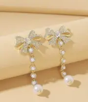 Faux Pearl & Rhinestone Bow Decor Drop Earrings