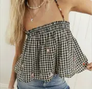 Urban Outfitters S Boho Embroidered Beaded Gingham Swing Cami Top Black White