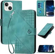 Case for Apple iPhone 13/iPhone 14 6.1", iPhone 14 Walle Case with Wrist Strap & Magnetic Clasp,PU Leather iPhone 13 Phone Cover with Card Holder/Slot Stand Flip Folio Soft Shell Book Cover, Green