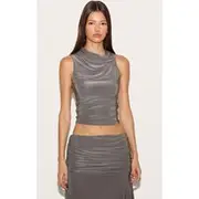 Mushroom Double Layer Slinky Neck Detail Long Top, Mushroom