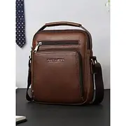 Men's Brown Black Faux Leather Crossbody Messenger Bag with Multiple Zipper Compartments for Business Travel and Daily Office Use
