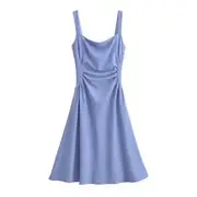 Spaghetti Strap Square-Neck Plain Ruched Midi Bodycon Dress Blue - M