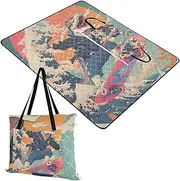 Yoogain Packable Blanket Sand Free Lawn Foldable Mat for Women 30s Picnic Items Retro 90s Skateboard Dinosaur Colorful 60x80in