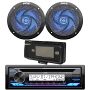 Marine Bluetooth CD Radio, 2x 4" 100W Blue Flash LED Boat Speaker, Cover (Black)