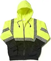 Forester High Visibility Reflective Class 3 Zippered Hooded Sweatshirt. Hi-Vis Safety Hoodie with Black Bottom