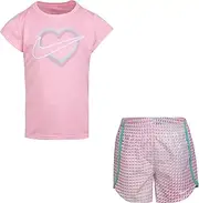 [Nike] Little Girls' Dri-FIT Pixel T-Shirt and Shorts 2 Piece Set (Tropical Twist(26H451-F1P)/Pink, 2T Toddler)