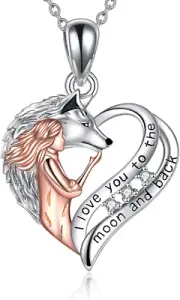 Wolf & Girl Necklace I Love You to The Moon and Back Pendant 925 Sterling Silver