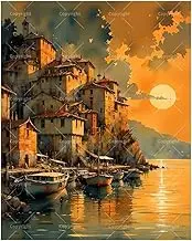 Coastal Sunset Paint by Numbers Kit for Adults - DIY Seaside Village and Boats at Dusk Painting on Canvas 16x20In, Acrylic Paint Set, Suitable for Beginners, Art for Home Decoration or Gifts
