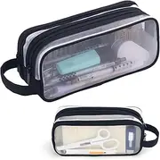 Mtxorvix Grid Mesh Pen Pencil Case with Zipper, 2 Compartment Clear Pencil Case Pouch, Clear Zipper Transparent Stationary Makeup Bag, Multi-Purpose Transparent Stationery Bag (Black)
