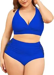 [Durio] Bikini Women's Tummy Control Large Sizes Bikini Set Swimsuit Women's Tummy Control Push Up Bikini with Deep V-Neck Blue XL, Blue, X-Large Plus