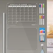 Acrylic Magnetic Fridge Calendar Weekly Planner Monthly Dry Erase Board for French Fridge Double Door Refrigerator w/ 6 Markers & Magnetic Pen Holder, Clear Weekly Monthly Planning Board 16’x12’’, 2 Boards