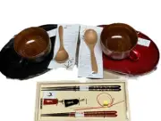 SET OF JAPANESE HANDCRAFTED GOLDEN SAKURA CHOPSTICKS BOWLS PLATES & SPOONS NEW