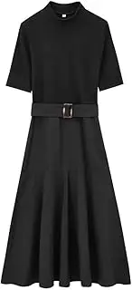 [Generic] Women High Street with Belt Soft A-Line Midi Dress Short Sleeve Half High Collar Sexy Elegant Party Dresses