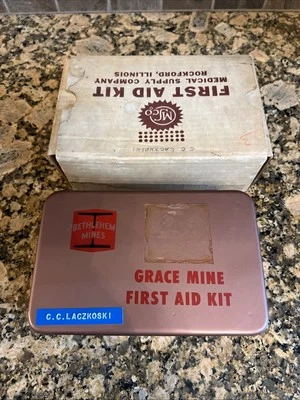 ⭐ Vintage PA Grace Mine Bethlehem Steel First Aid Kit With Contents Most Sealed!