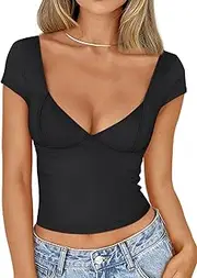 [Trendy Queen] Womens Deep V-Neck Backless Tops Short Sleeve Slim Fit T-Shirts Basic Y2K Tops Bustier Corset Cami 2024